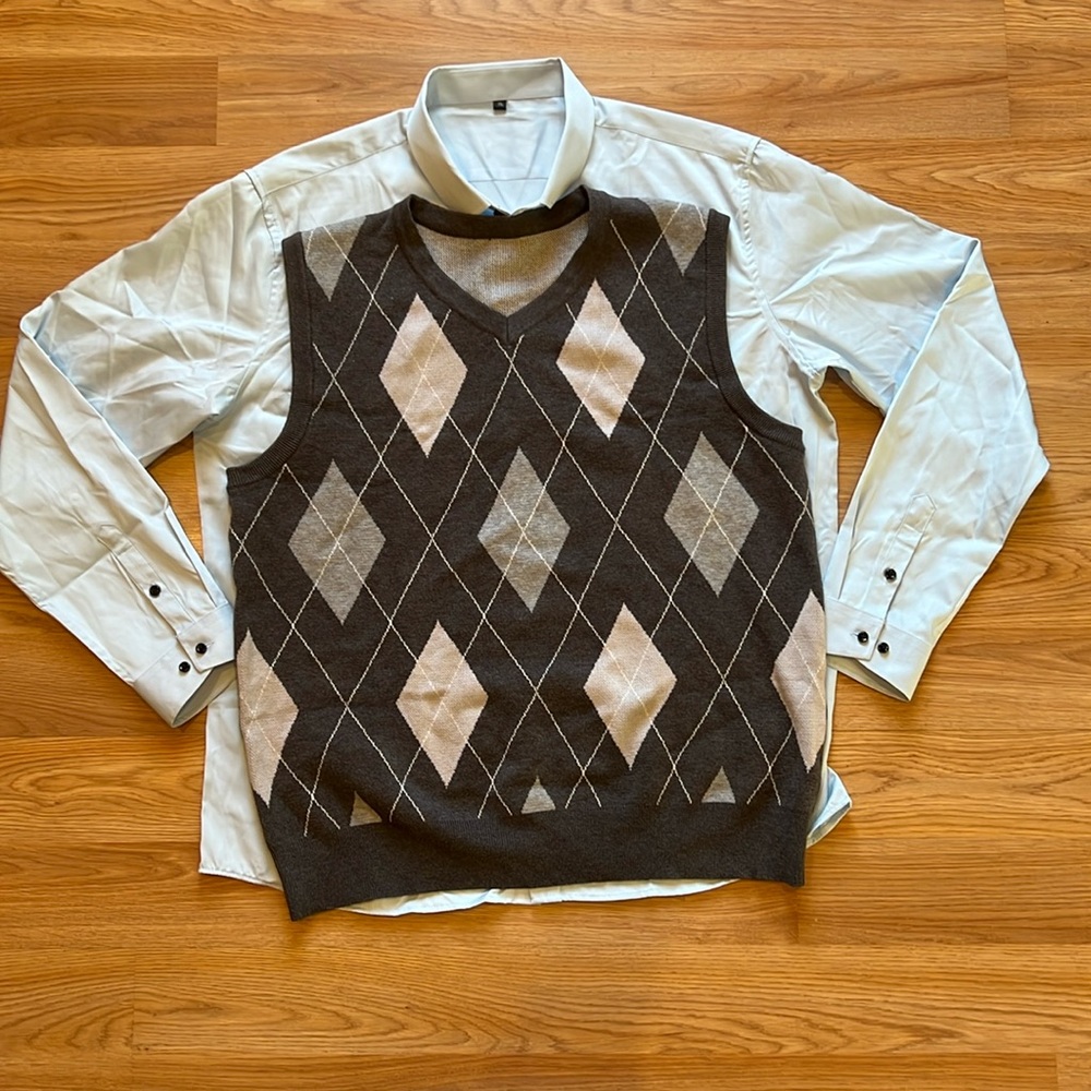 Step Brothers Costume with long sleeve button up shirt and argyle sweater vest
